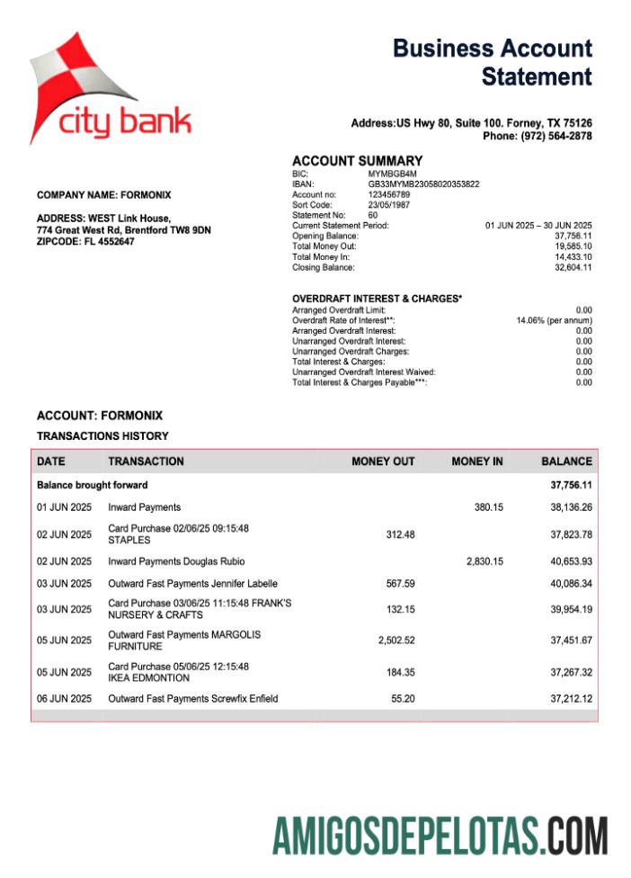 Imprimível USA City Bank Enterprise Statement modelo Word e PDF